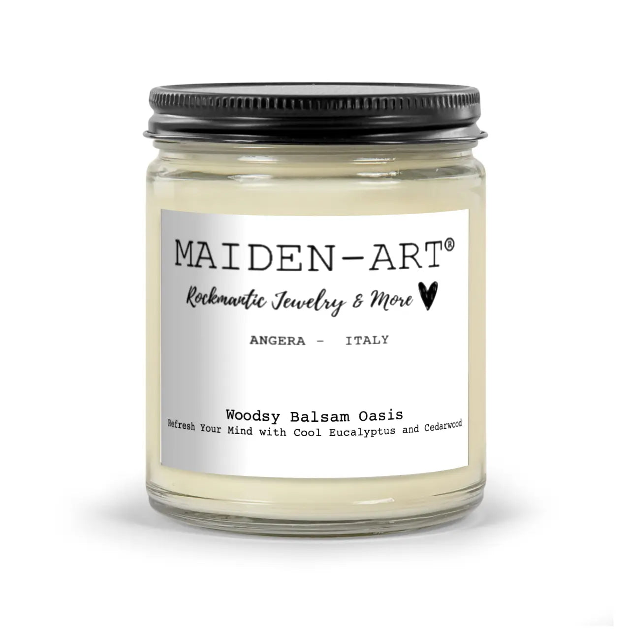 Candle jar with 'Maiden-Art' label on a white background