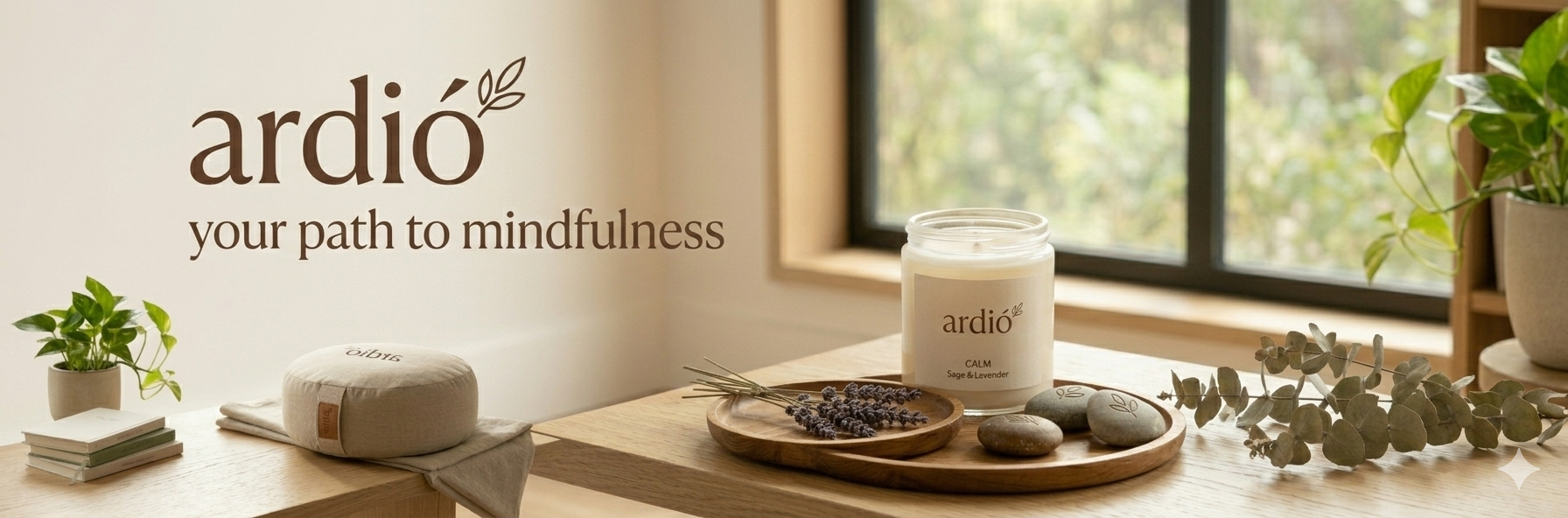 ardió brand banner with the text 'your path to mindfulness' featuring a meditation cushion, calm candle, and dried eucalyptus on a wooden table.