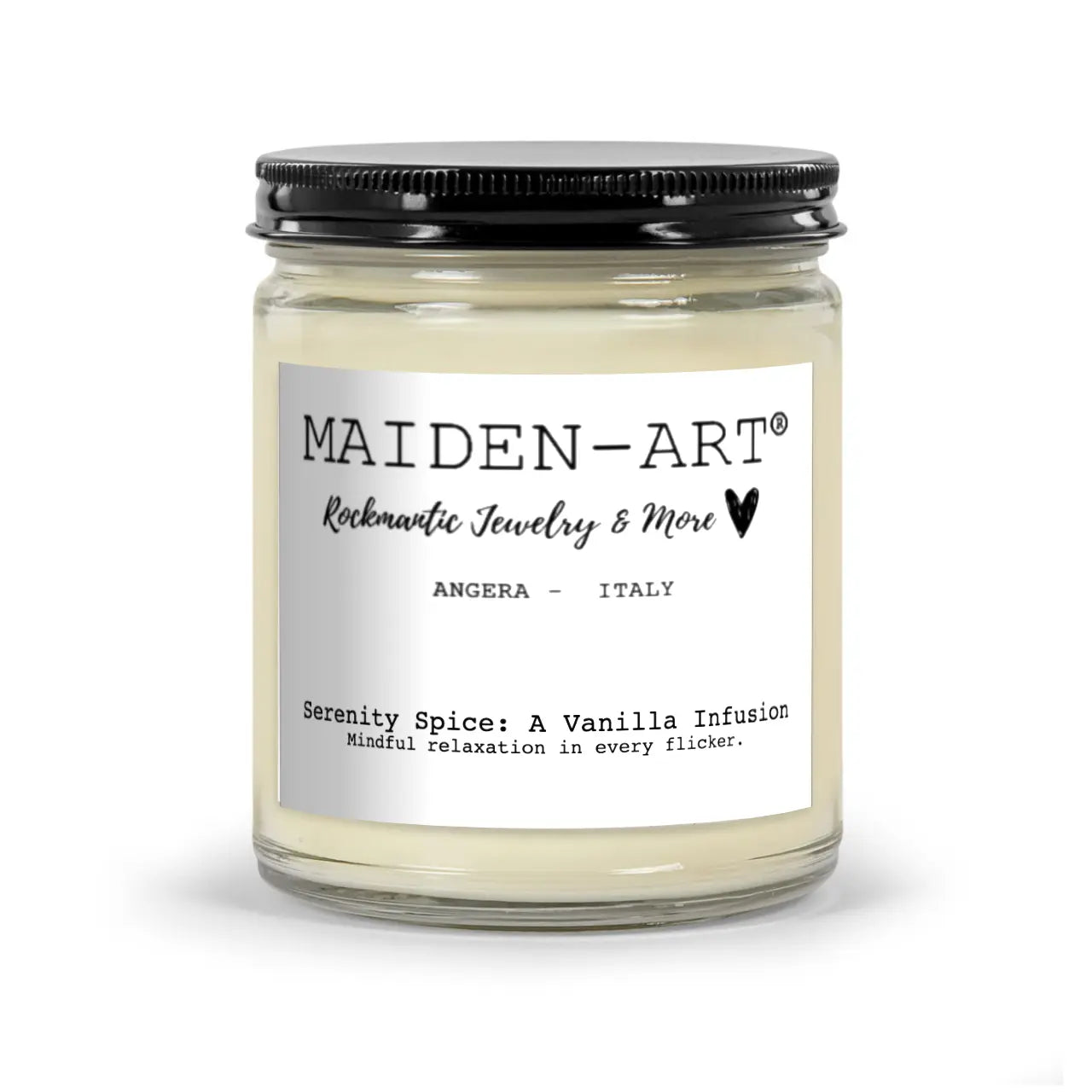 Maiden-Art candle with a label on a white background