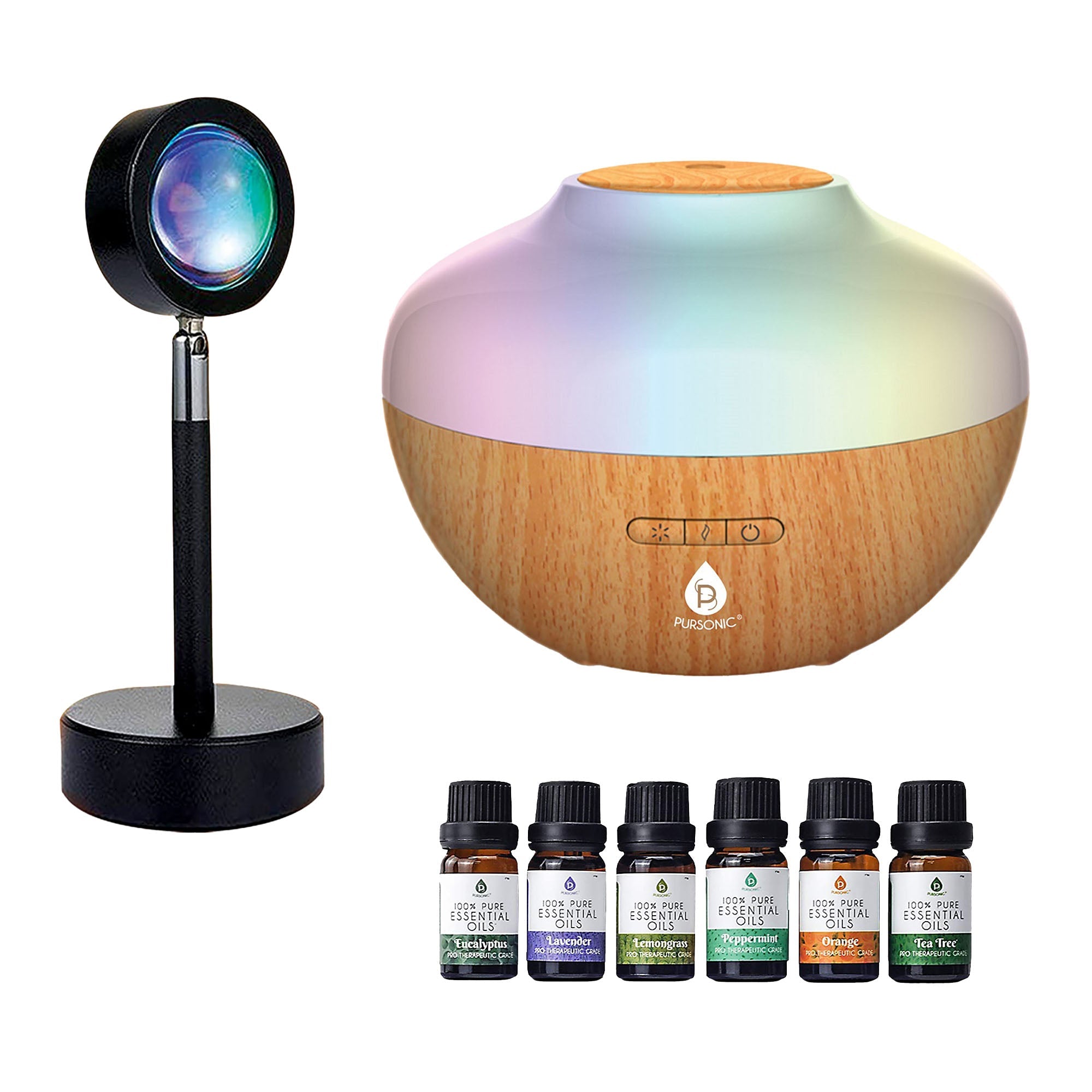 Table Lamp with Essential Oil Aroma Diffuser and six bottles of essential oils for aromatherapy.