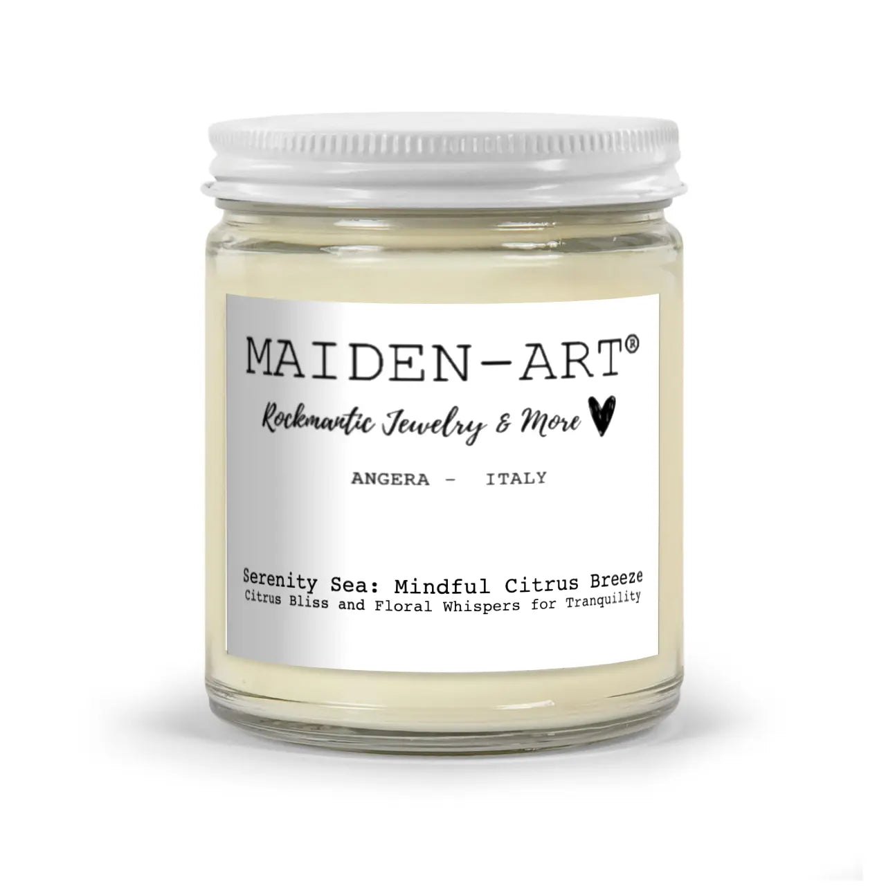 Candle jar with 'MAIDEN-ART' label on a white background