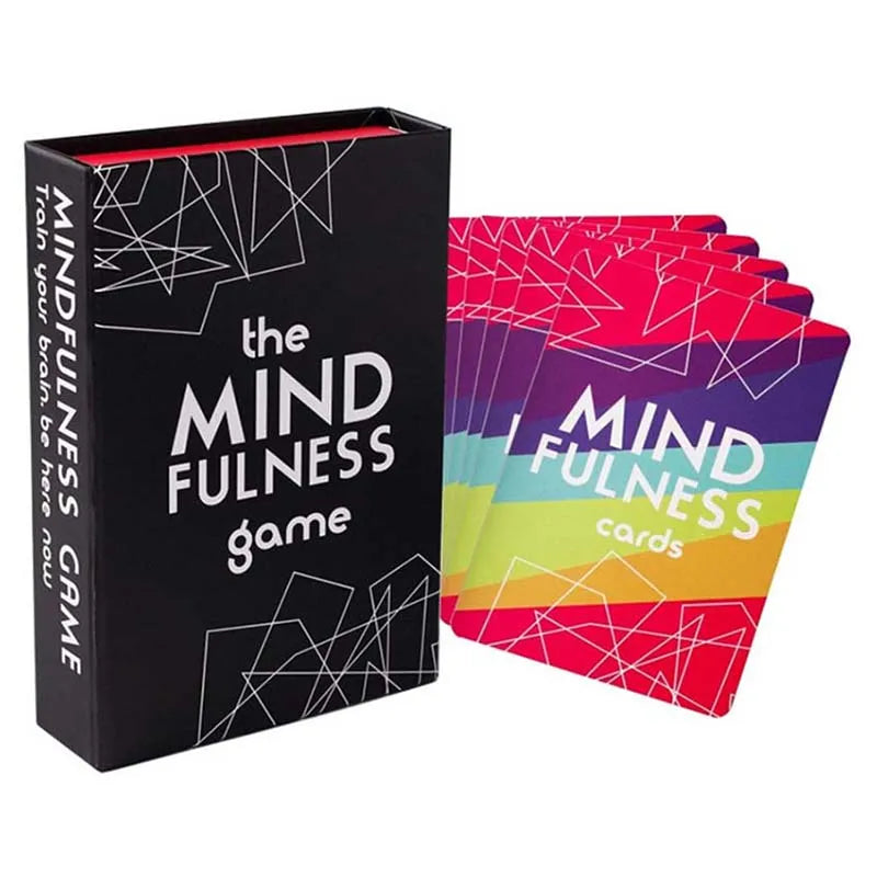 Mindfulness game box and cards with colorful design on a white background