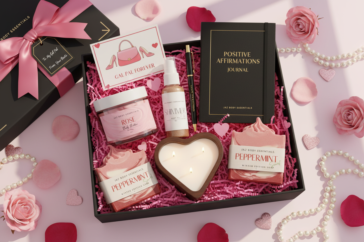 Gift set with candles, soap, and a journal on a pink background with flowers and ribbons.