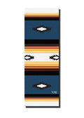 Towel with colorful striped pattern and brand logo on a white background