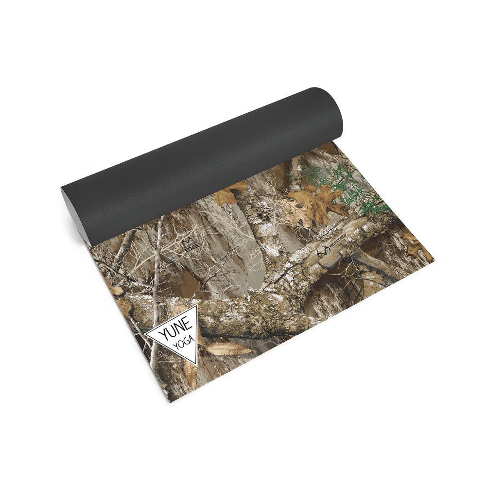 Yoga mat with camouflage pattern and black edge on a white background